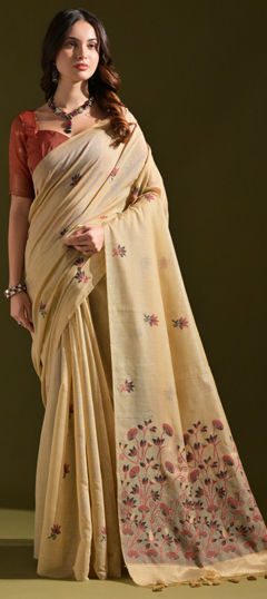 White and Off White color Saree in Cotton fabric with Weaving work