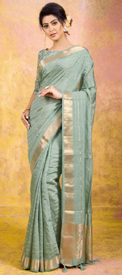 Green color Saree in Chanderi Silk fabric with Weaving work