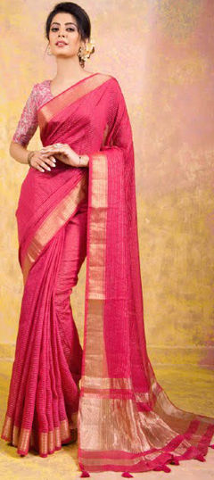 Pink and Majenta color Saree in Chanderi Silk fabric with Weaving work