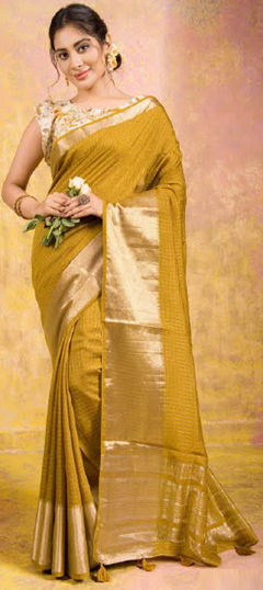 Gold color Saree in Chanderi Silk fabric with Weaving work