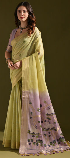 Green color Saree in Cotton fabric with Printed work