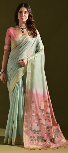 Green color Saree in Cotton fabric with Printed work