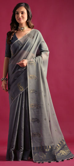 Black and Grey color Saree in Cotton fabric with Weaving work