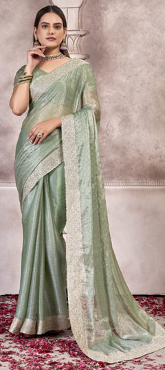 Green color Saree in Chiffon fabric with Embroidered, Zircon work