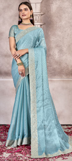 Blue color Saree in Chiffon fabric with Embroidered, Zircon work