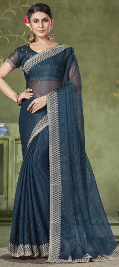 Blue color Saree in Tissue fabric with Embroidered, Stone, Thread work