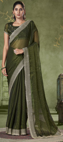 Green color Saree in Tissue fabric with Embroidered, Stone, Thread work