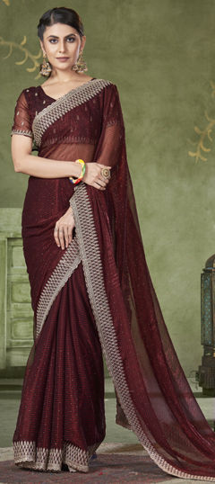 Red and Maroon color Saree in Tissue fabric with Embroidered, Stone, Thread work