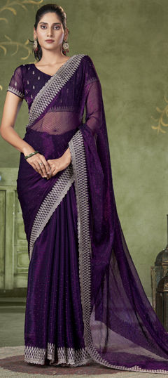 Purple and Violet color Saree in Tissue fabric with Embroidered, Stone, Thread work