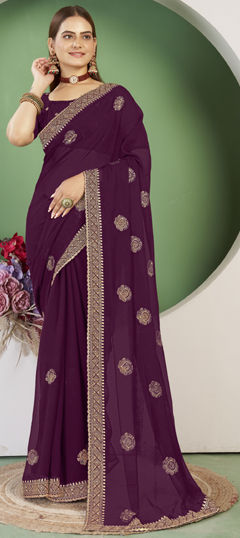 Purple and Violet color Saree in Georgette fabric with Embroidered, Thread, Zari work