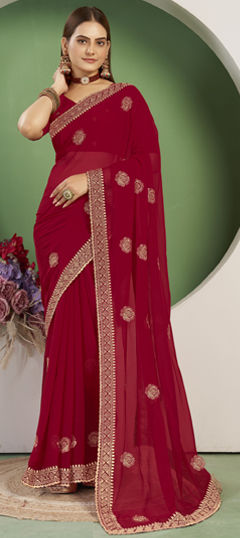 Red and Maroon color Saree in Georgette fabric with Embroidered, Thread, Zari work