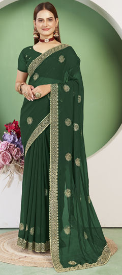 Green color Saree in Georgette fabric with Embroidered, Thread, Zari work