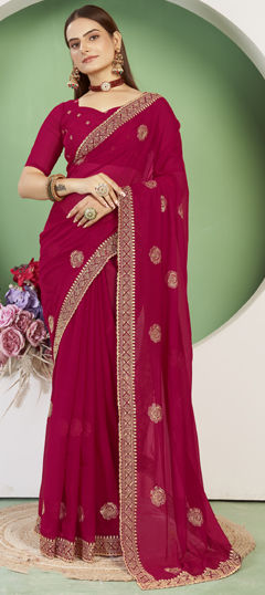 Pink and Majenta color Saree in Georgette fabric with Embroidered, Thread, Zari work