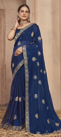 Blue color Saree in Chiffon fabric with Embroidered, Stone, Thread work