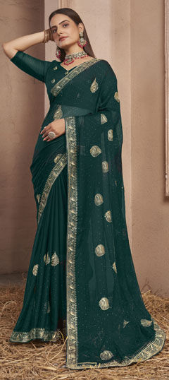 Green color Saree in Chiffon fabric with Embroidered, Stone, Thread work