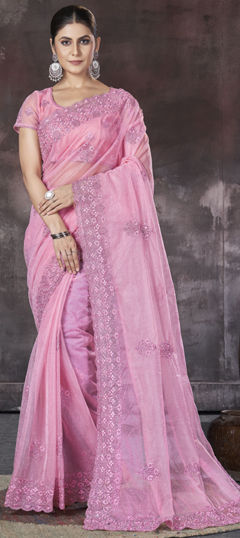 Pink and Majenta color Saree in Organza Silk fabric with Embroidered, Thread work