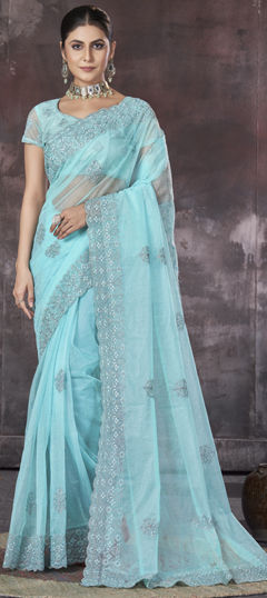 Blue color Saree in Organza Silk fabric with Embroidered, Resham, Thread work