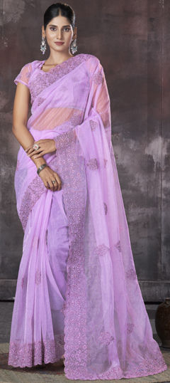 Pink and Majenta color Saree in Organza Silk fabric with Embroidered, Resham, Thread work