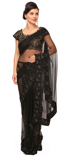 Black and Grey color Saree in Net fabric with Stone work