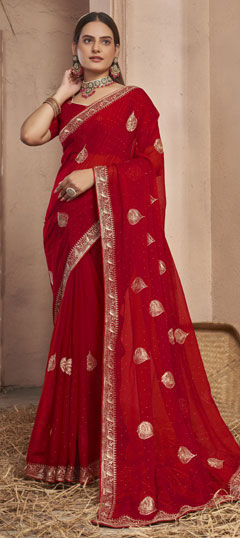 Red and Maroon color Saree in Chiffon fabric with Embroidered, Stone, Thread work