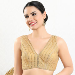 Gold color Blouse in Net fabric with Embroidered, Sequence, Thread work