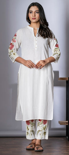 White and Off White color Salwar Kameez in Cotton Flex fabric with Embroidered, Thread work