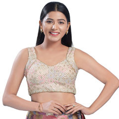 White and Off White color Blouse in Dupion Silk fabric with Sequence, Thread work