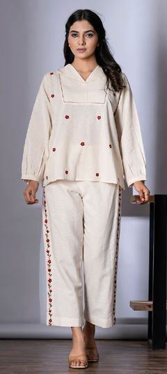 White and Off White color Co-ords Set in Cotton Flex fabric with Embroidered, Thread work