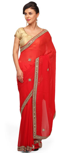 Red and Maroon color Saree in Faux Georgette, Viscose fabric with Lace, Mirror work