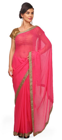 Pink and Majenta color Saree in Faux Chiffon, Viscose fabric with Lace, Stone work