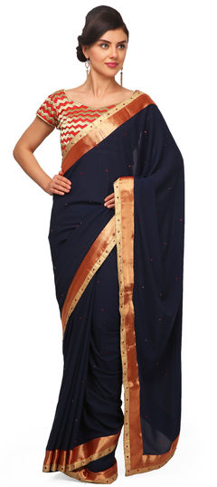 Blue color Saree in Faux Georgette fabric with Lace, Stone work