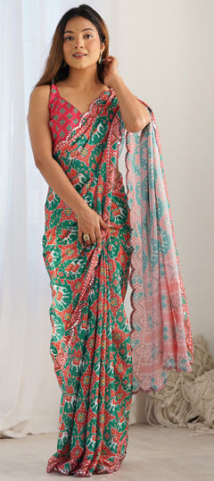 Green color Saree in Art Silk fabric with Mirror, Printed work