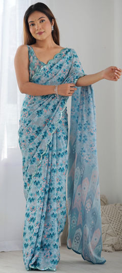 Blue color Saree in Art Silk fabric with Mirror, Printed work