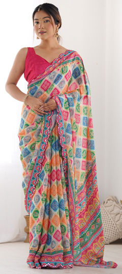 Multicolor color Saree in Art Silk fabric with Bandhej, Mirror, Printed work