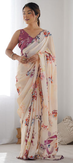 Beige and Brown color Saree in Art Silk fabric with Mirror, Printed work