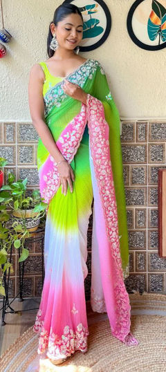 Green color Saree in Faux Georgette fabric with Sequence work