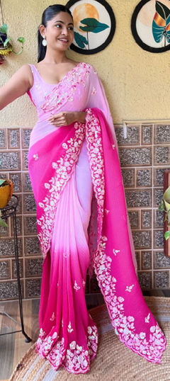 Pink and Majenta color Saree in Faux Georgette fabric with Sequence work