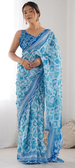 Blue color Saree in Art Silk fabric with Mirror, Printed work