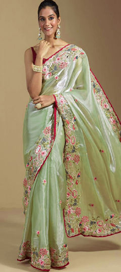 Green color Saree in Organza Silk fabric with Embroidered, Sequence, Thread work