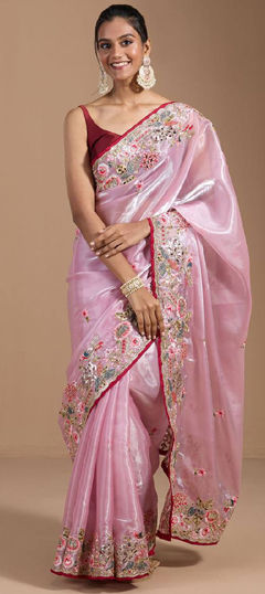 Pink and Majenta color Saree in Organza Silk fabric with Embroidered, Sequence, Thread work