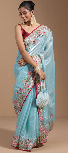 Blue color Saree in Organza Silk fabric with Embroidered, Sequence, Thread work