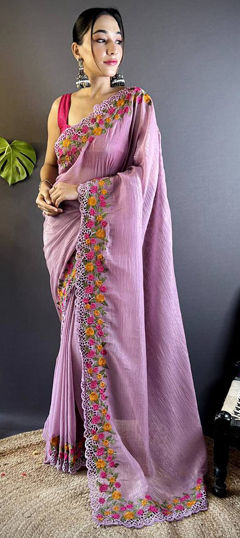 Pink and Majenta color Saree in Silk fabric with Embroidered, Resham, Thread work