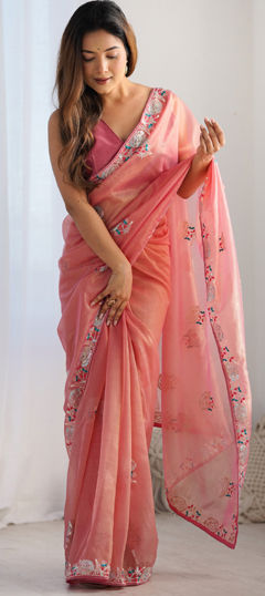 Pink and Majenta color Saree in Net fabric with Embroidered, Resham, Sequence, Thread work