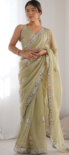 Green color Saree in Net fabric with Embroidered, Resham, Sequence, Thread work