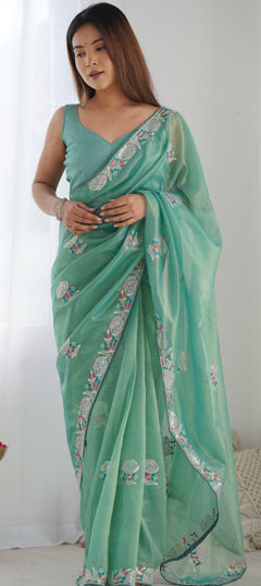 Green color Saree in Net fabric with Embroidered, Resham, Sequence, Thread work