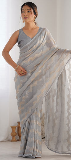 Black and Grey color Saree in Georgette fabric with Sequence, Swarovski work