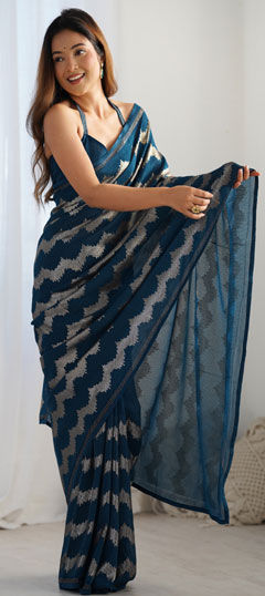 Blue color Saree in Georgette fabric with Sequence, Swarovski work