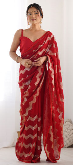 Red and Maroon color Saree in Georgette fabric with Sequence, Swarovski work