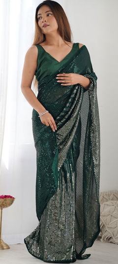 Green color Saree in Georgette fabric with Sequence work