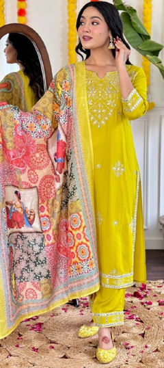 Yellow color Salwar Kameez in Cotton fabric with Embroidered, Sequence, Thread work